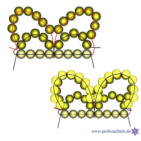 Perlenmuster: Abschluss erste und zweite Reihen